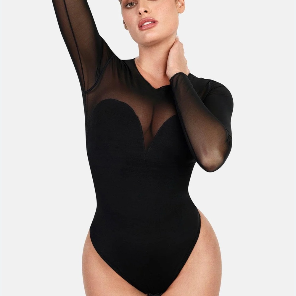 Popilush Black Sheer Long Sleeve Bodysuit